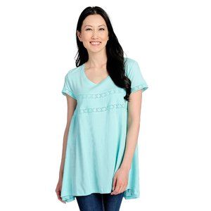 NWOT - OSO Casuals Solid & Ribbed Knit Cap Sleeve Lace Trimmed Hi-Lo Top Aqua, M